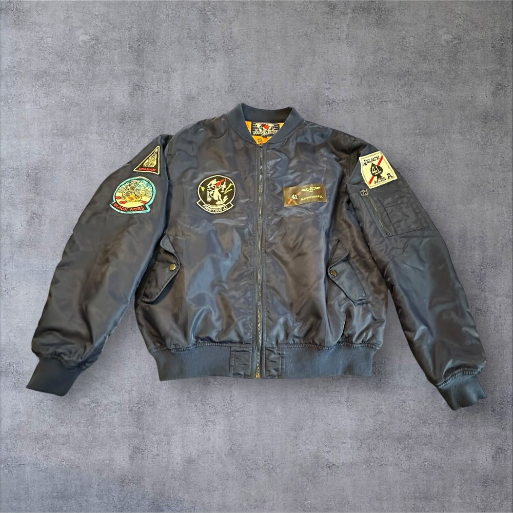 Neo-Works Flight Bomber Jacket Mens XL Navy Blue Good Military Multi-Patch Zip